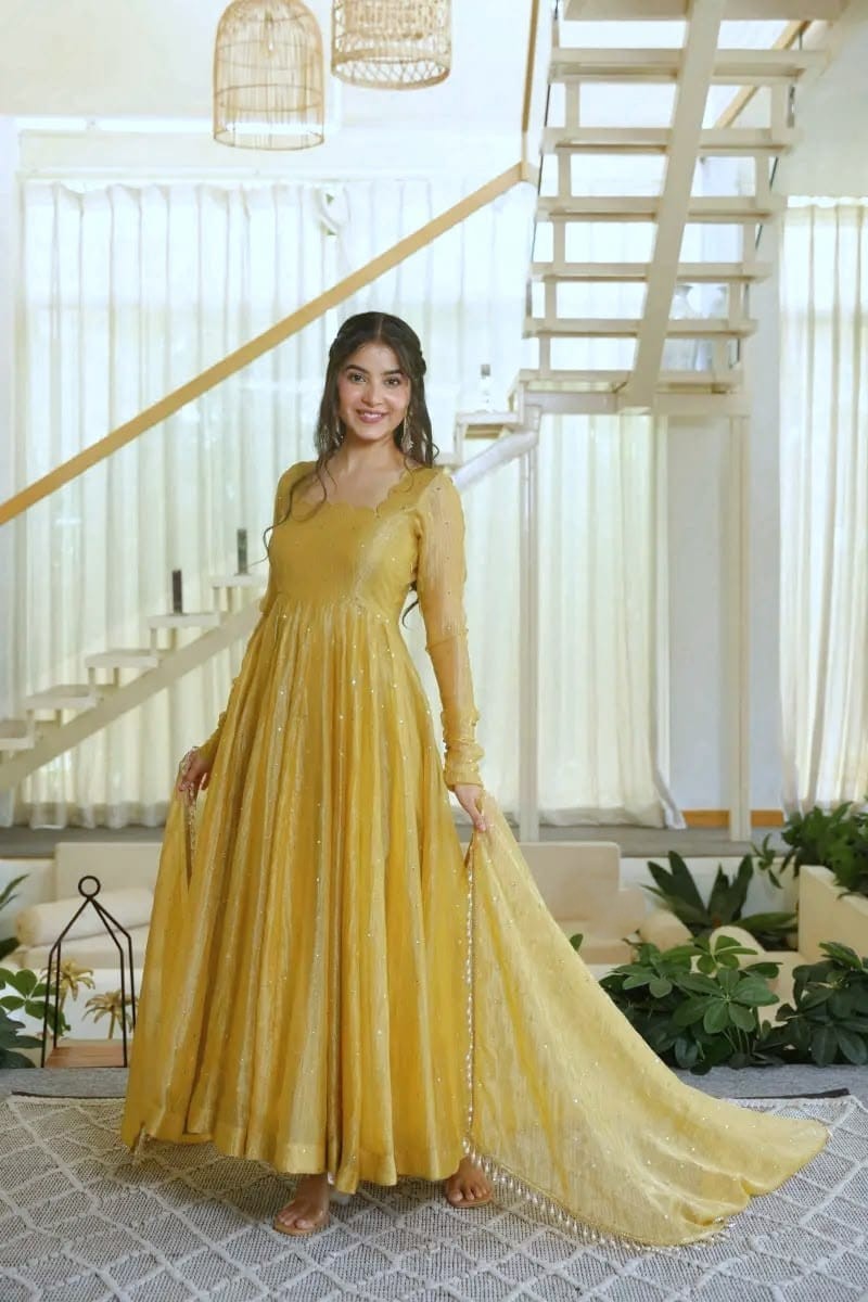 Mustard Gold Foil Work Salsa Silk Straight Salwar Set